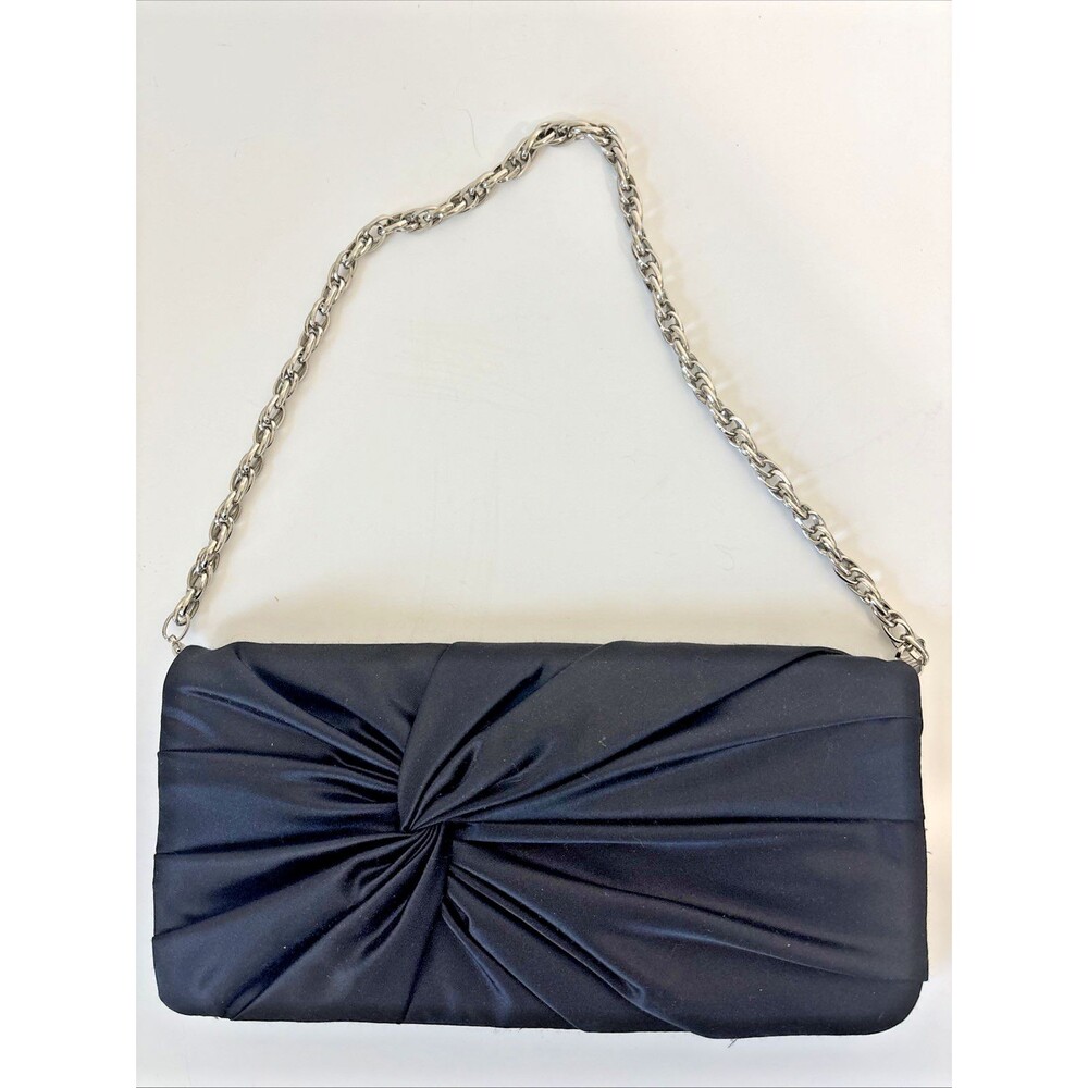 White House Black Market Black Satin Twist Front Evening Clutch w/Silver Chain